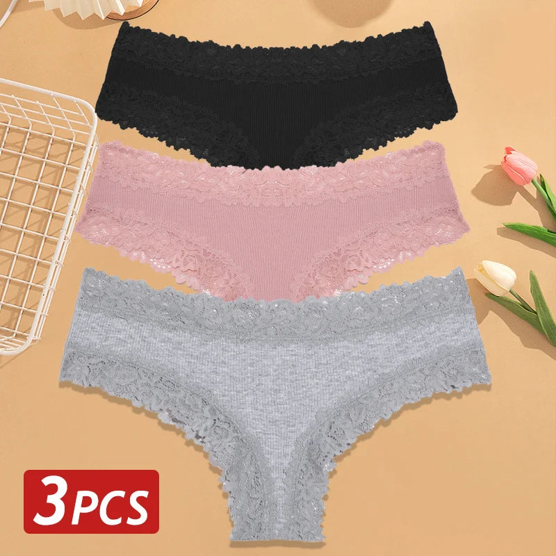 3PCS/Set Women Cotton Panties Floral Lace Brazilian Panties Sexy Low Waist Lingerie Female Soft Underwear Solid T-Back Bikini