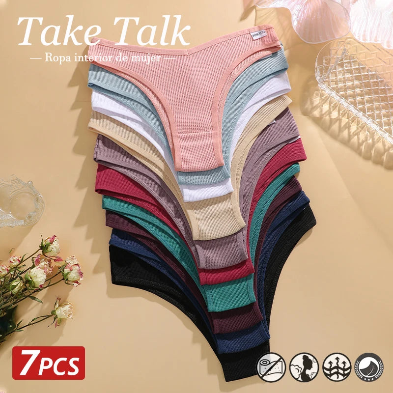 7PCS/Set Women's Waffle Cotton Panties Sexy V Waist Brazilian Panties Female Breathable Soft Underwear Solid Stretch Lingerie