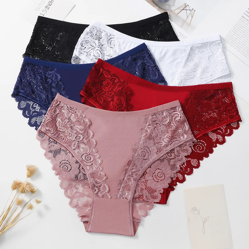 5PCS/Set Lace Cotton Patchwork Bikini Panties Women Briefs Solid Color Sexy Floral Hollow Women Briefs Female Underwear Lingerie