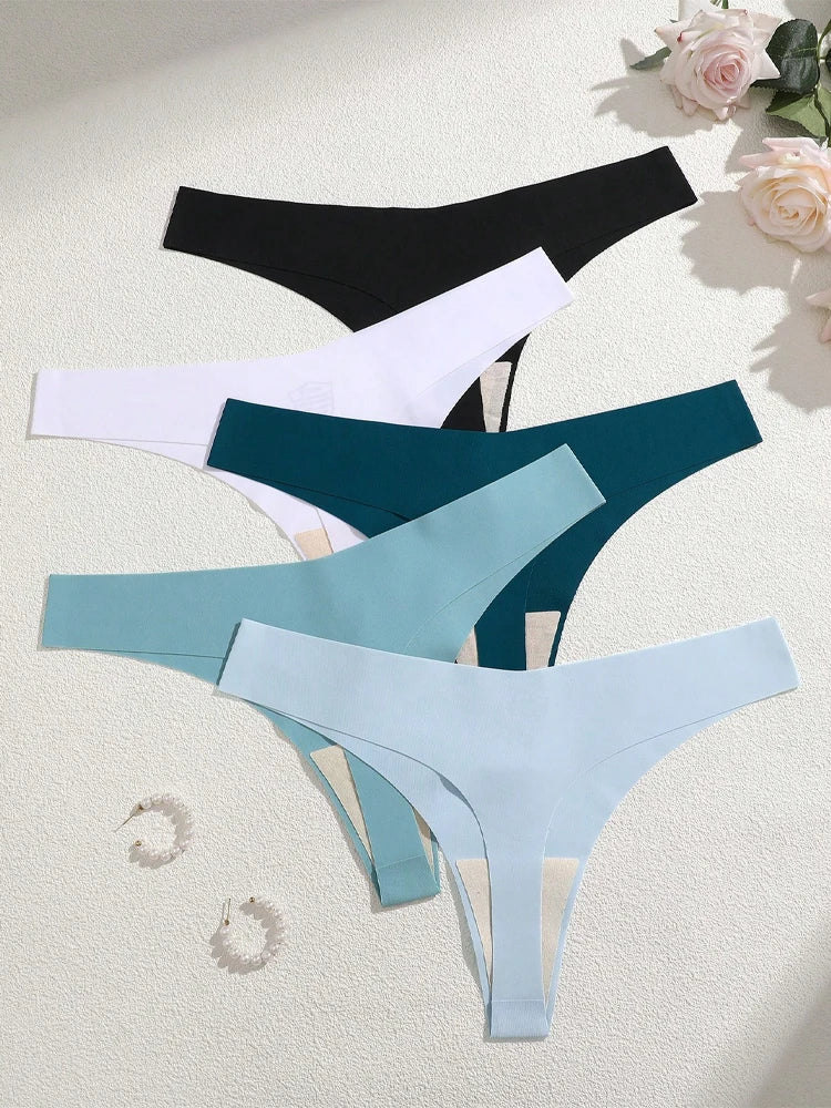 5Pcs Ice Silk Seamless Thongs Women's V-Waist Solid Color Panties Sexy Breathable Low Rise Underwear Invisible Bikini Lingerie