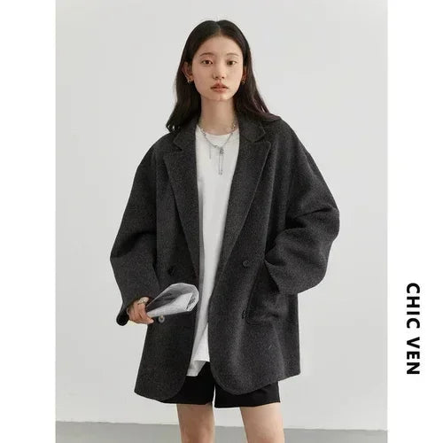 Manteaux en laine pour femmes CHIC VEN, coupe ample et décontractée, croisés, style rétro, veste réversible, vêtements d'extérieur pour femme d'affaires, collection automne-hiver 2026