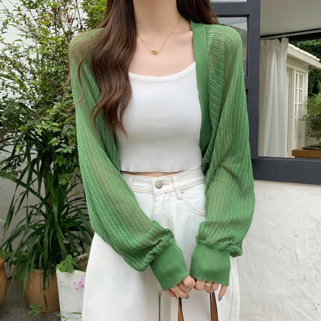 Summer thin loose solid color knitted sweater women's new short style sun protection hollow out cover sweater shawl top