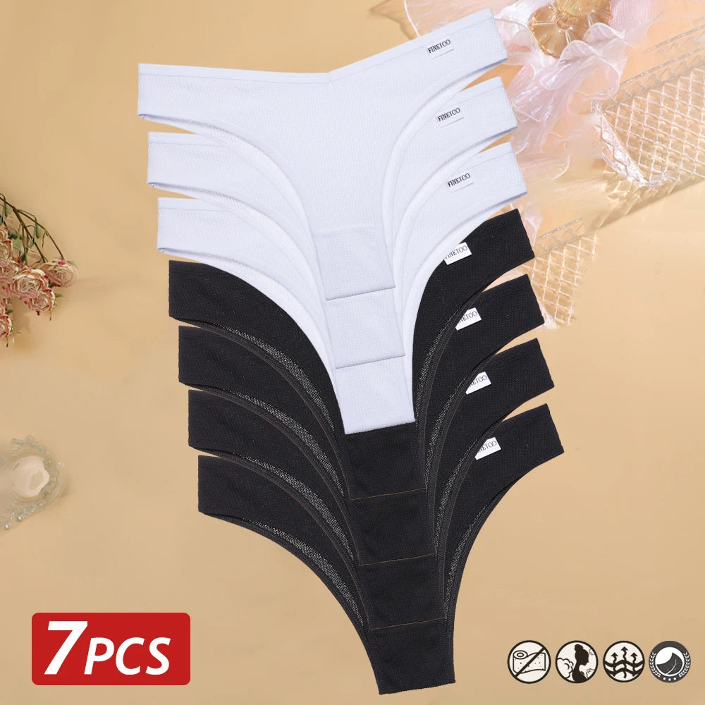 7PCS/Set Women's Waffle Cotton Panties Sexy V Waist Brazilian Panties Female Breathable Soft Underwear Solid Stretch Lingerie