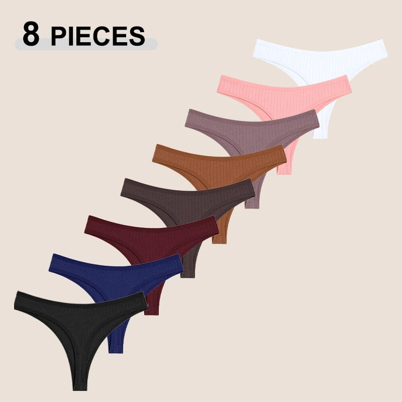 8Pcs/Set Cotton Seamless Thongs For Women Sexy Low Rise Solid Color Breathable Pantys Female Comfortable Soft G-String Underpant
