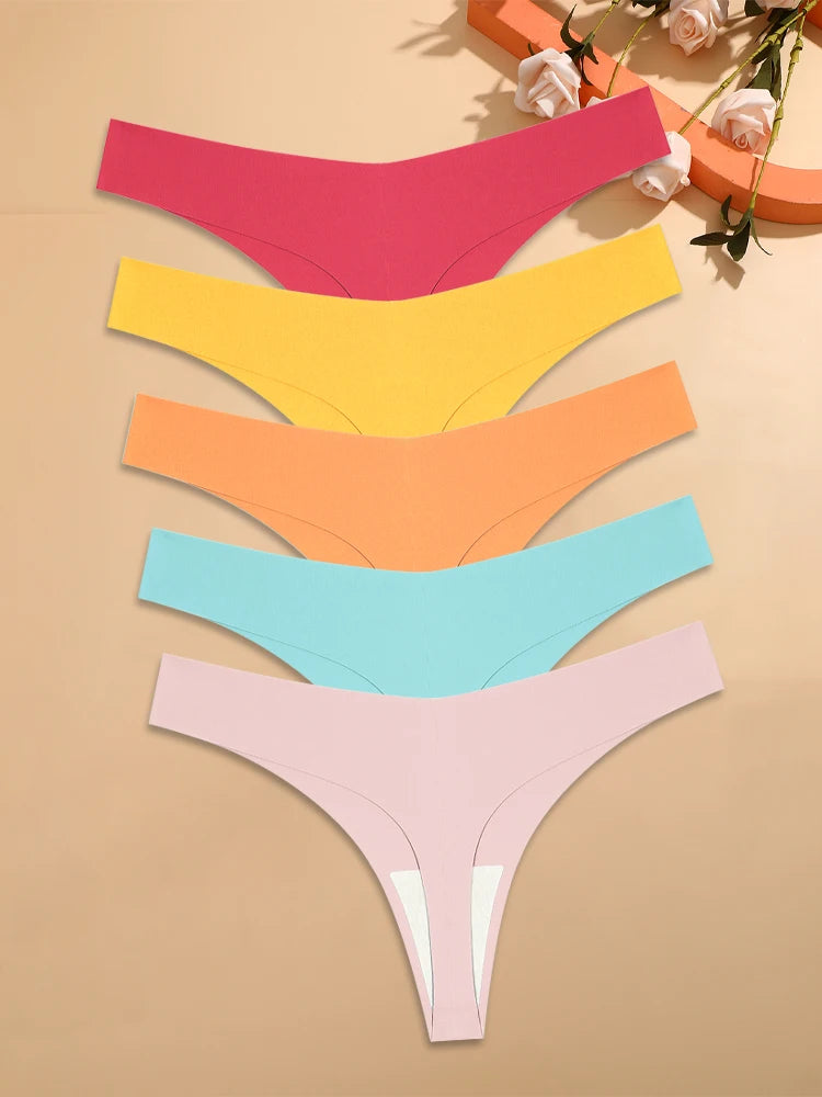 5Pcs Ice Silk Seamless Thongs Women's V-Waist Solid Color Panties Sexy Breathable Low Rise Underwear Invisible Bikini Lingerie