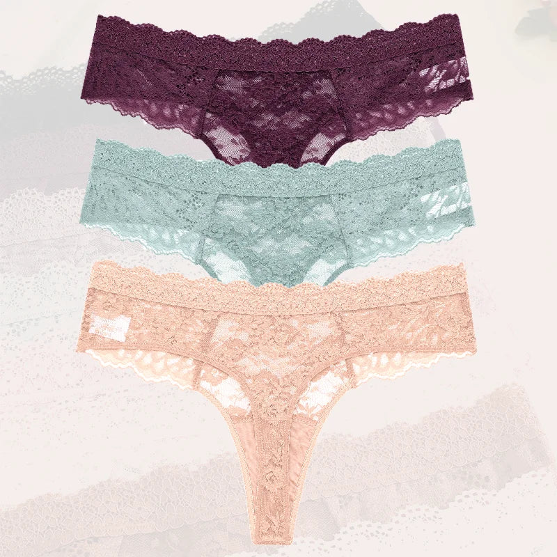3Pcs Lace Sexy Thongs Women Low-Rise Briefs Sexy Soft Ladies Underwear Trendy Floral Underpants Female Flowery Panty Lingerie