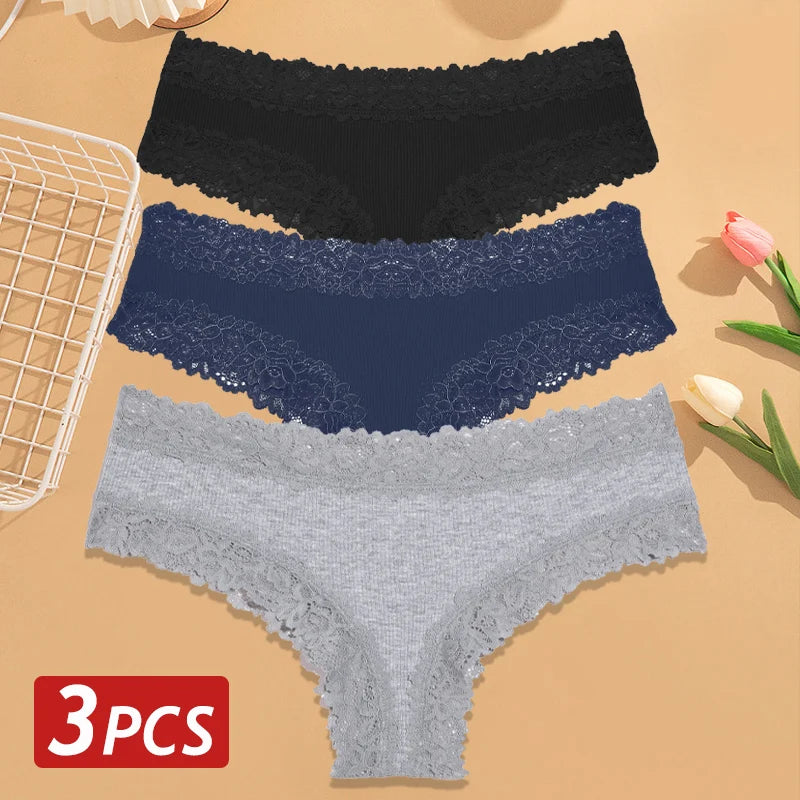 3PCS/Set Women Cotton Panties Floral Lace Brazilian Panties Sexy Low Waist Lingerie Female Soft Underwear Solid T-Back Bikini