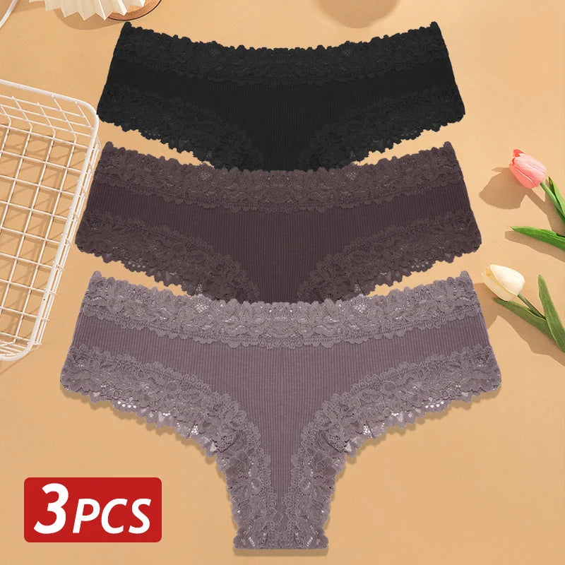 3PCS/Set Women Cotton Panties Floral Lace Brazilian Panties Sexy Low Waist Lingerie Female Soft Underwear Solid T-Back Bikini