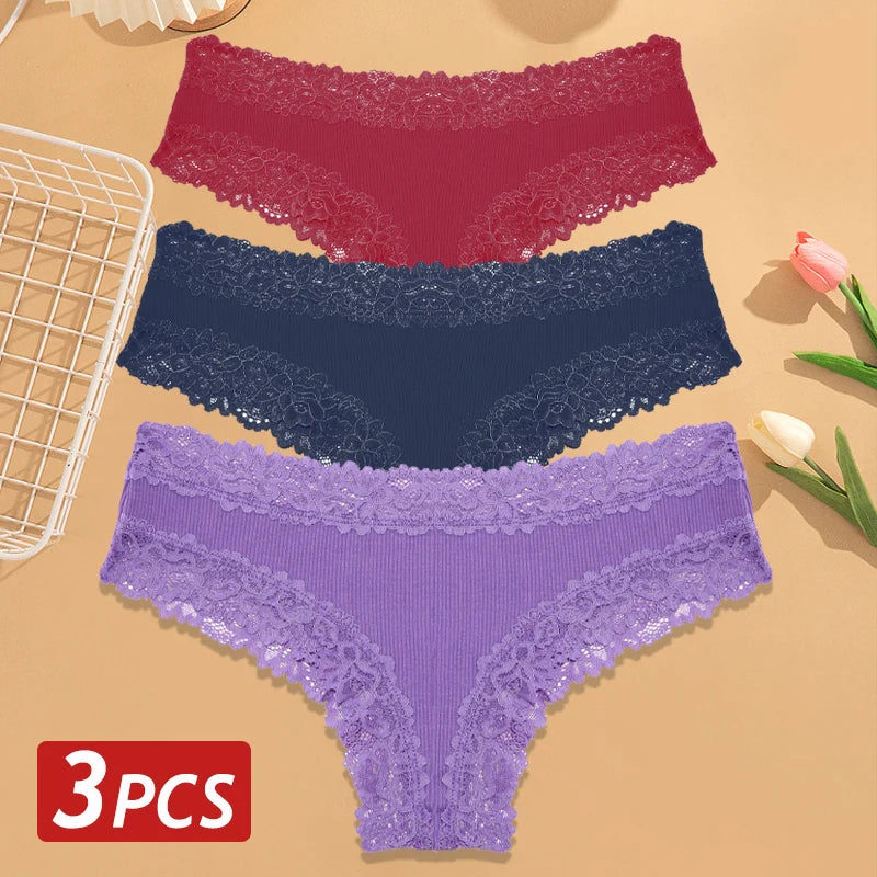 3PCS/Set Women Cotton Panties Floral Lace Brazilian Panties Sexy Low Waist Lingerie Female Soft Underwear Solid T-Back Bikini