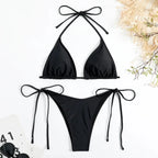 Sexy Women Thong Solid Color Bikini Set Side Halter Tie Swimsuit Ladies Split Strap Adjustable Brazilian Swimwear Beachwear