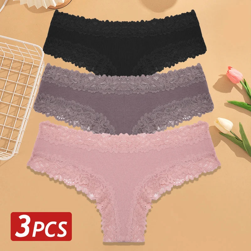 3PCS/Set Women Cotton Panties Floral Lace Brazilian Panties Sexy Low Waist Lingerie Female Soft Underwear Solid T-Back Bikini