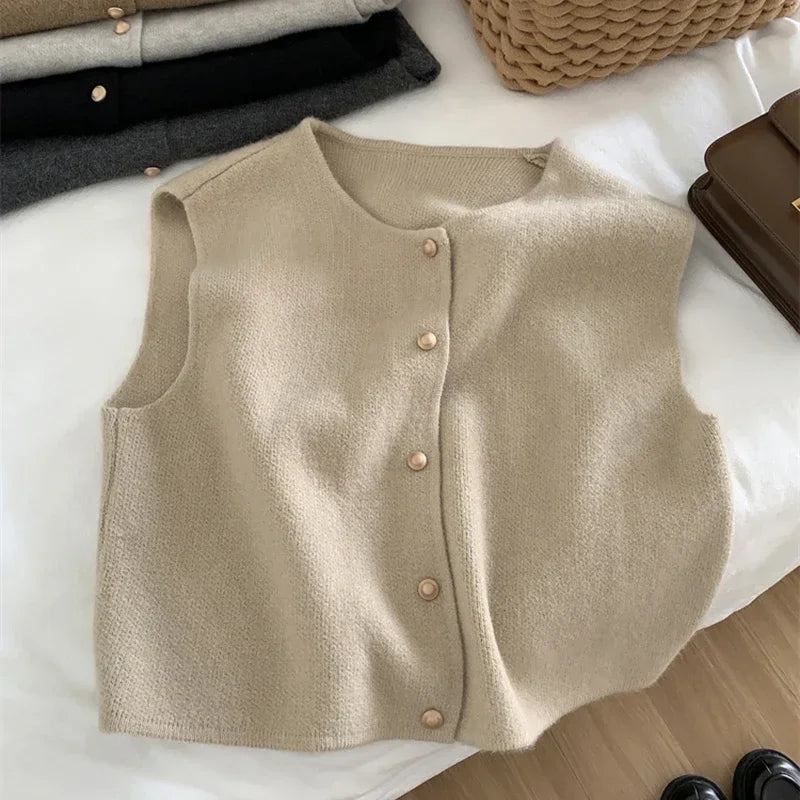 Gilet sans manches à boutons dorés pour femme, en maille douce, style cardigan, idéal pour l'automne et l'hiver, tenue chic coréenne.