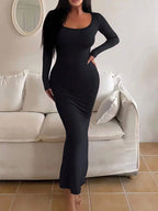 Women's Solid Long Sleeve Bodycon Dress, Chic Basic Minimalist Causual Fashion Scoop Neck Long Dress, Womenswear