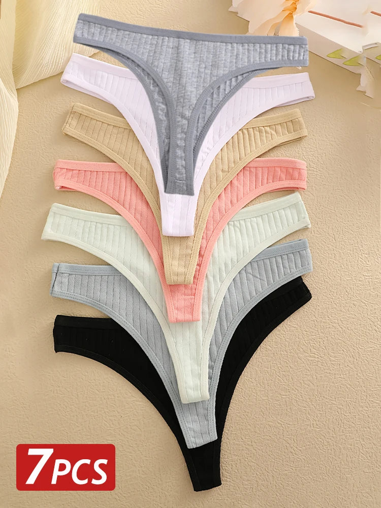 7PCS Women Sexy Cotton G-String Panties Solid Color Ribbed Soft Thongs Female Low Waist Underpants Ladies Sexy Bikini Lingerie