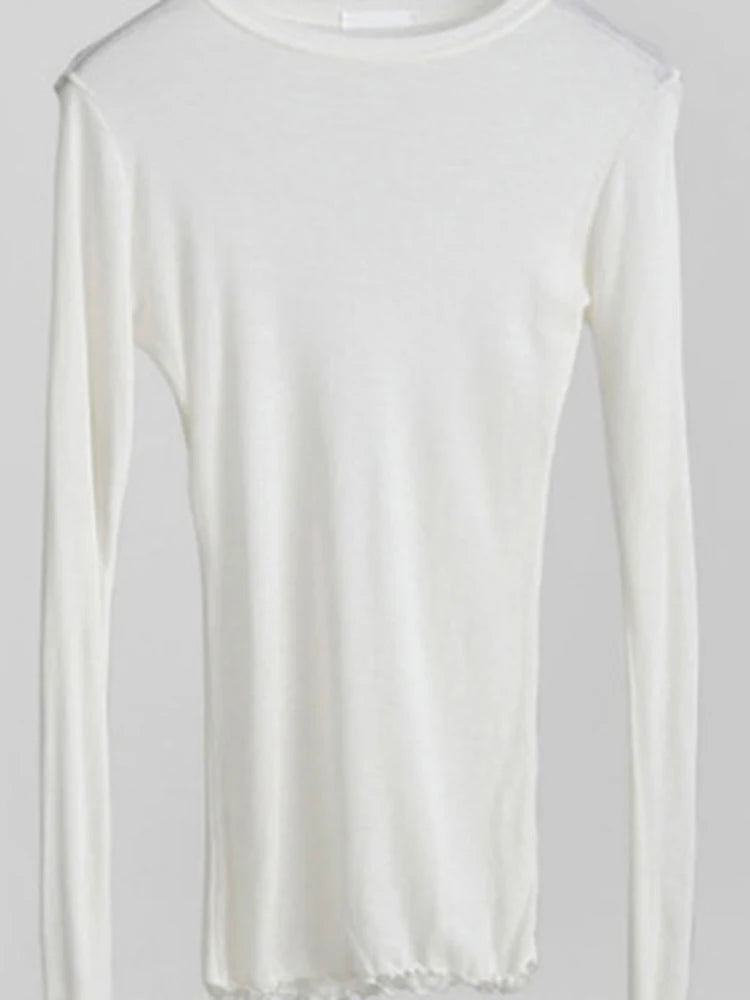 T-shirt uni de haute qualité pour femme, élastique, basique, décontracté, manches longues, sexy, fin, transparent