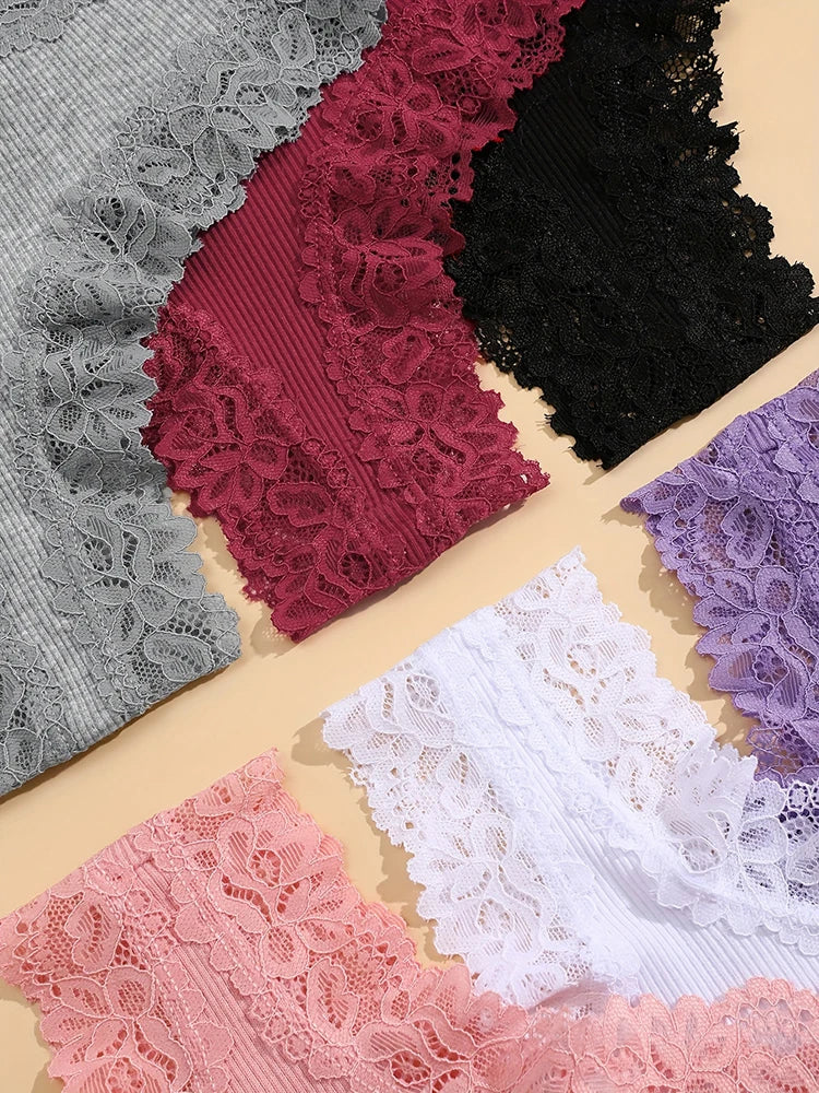 6PCS/Set Sexy Lace Cotton Panties Women Brazilian Panties Ladies Sexy Low Waist Elastic T-Back Bikini Solid Soft Lingerie S-XL