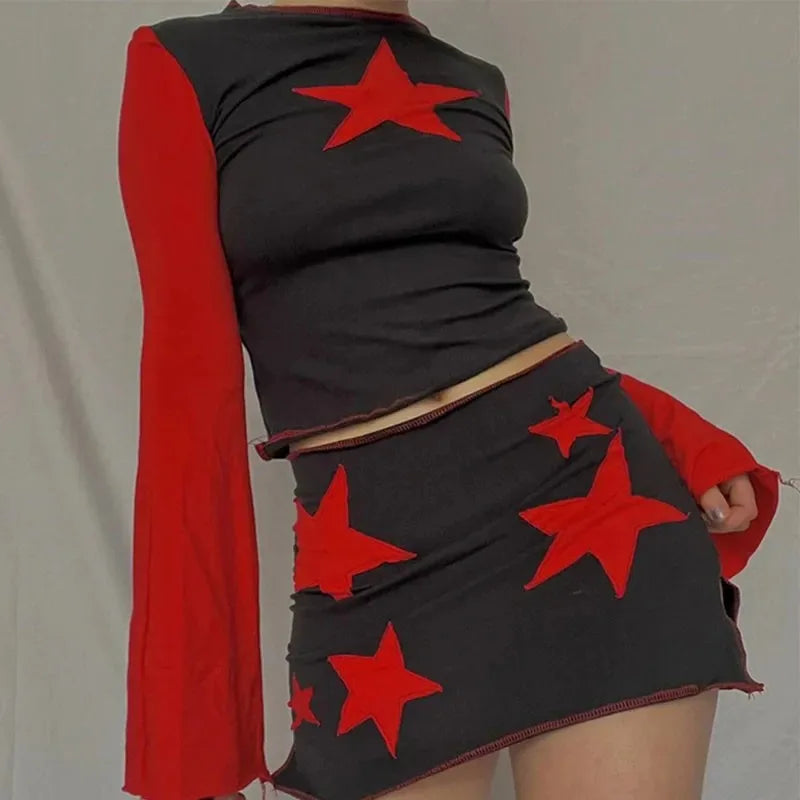 Y2K Spring New Spicy Girl Casual Long Sleeve Short Style Pentagram Printed Short Style Slimming T-shirt Women's Top