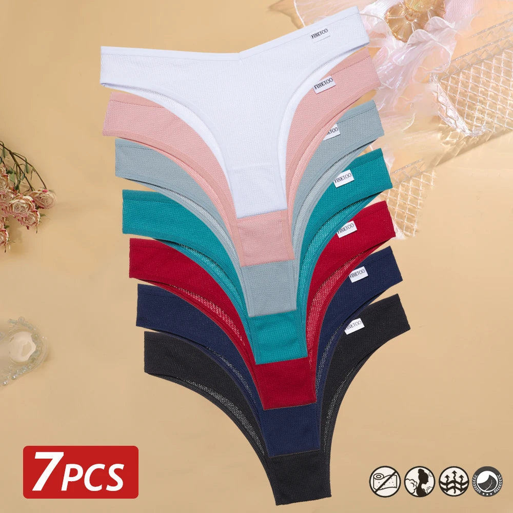 7PCS/Set Women's Waffle Cotton Panties Sexy V Waist Brazilian Panties Female Breathable Soft Underwear Solid Stretch Lingerie