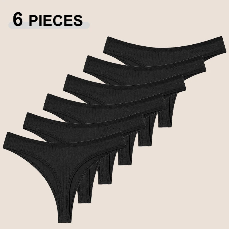 6Pcs/Set Women'S Cotton Fabric Thongs Panties Female Ribbed Low Rise G-String Ladies Sexy Bikini Solid Color Soft Intimates S-XL