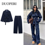 DUOPERI Women's 2 Piece Denim Set - Fashion Jacket & Vintage Jeans Outfit with Belt