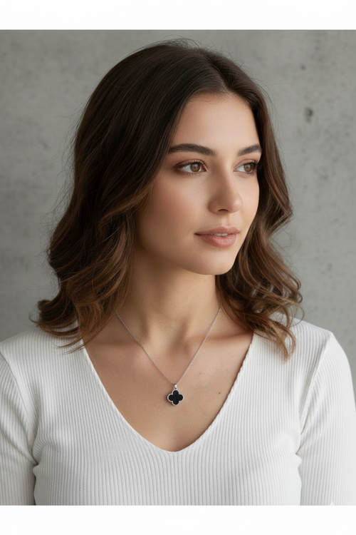 Stainless Steel Silver Black Clover Necklace for Women