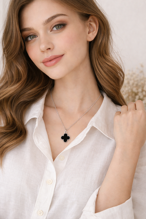 Stainless Steel Silver Black Clover Necklace for Women
