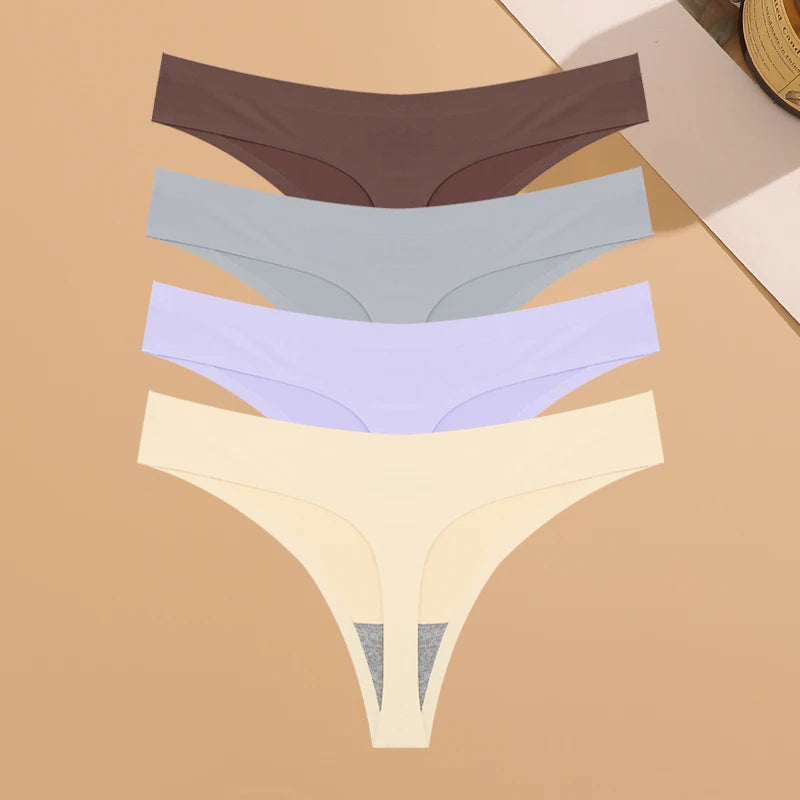 4PCS Ultra-thin Seamless Underwear Women's Invisible Panties Sexy Ice Silk Thongs Low Waist Breathable Bikini Stretchy Lingerie