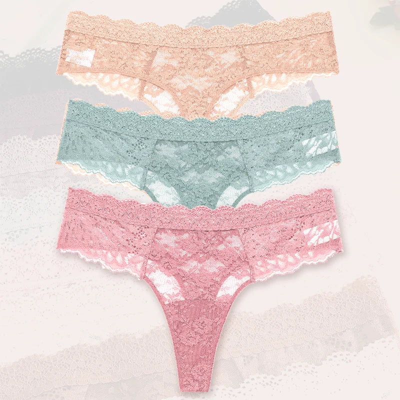 3Pcs Lace Sexy Thongs Women Low-Rise Briefs Sexy Soft Ladies Underwear Trendy Floral Underpants Female Flowery Panty Lingerie
