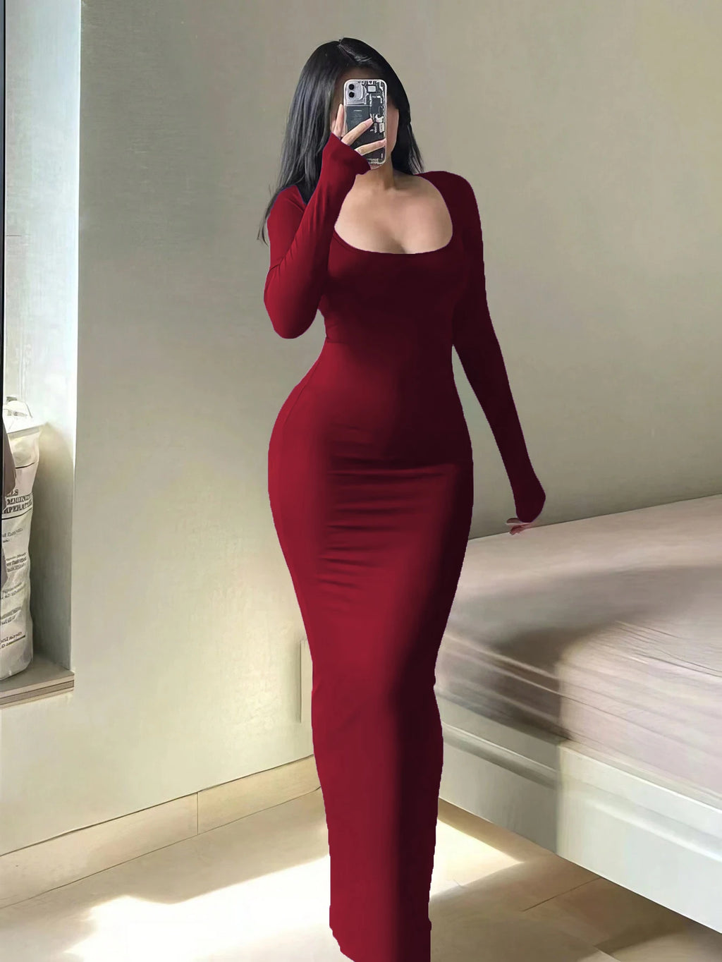Women's Solid Long Sleeve Bodycon Dress, Chic Basic Minimalist Causual Fashion Scoop Neck Long Dress, Womenswear