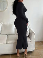 Women's Solid Long Sleeve Bodycon Dress, Chic Basic Minimalist Causual Fashion Scoop Neck Long Dress, Womenswear