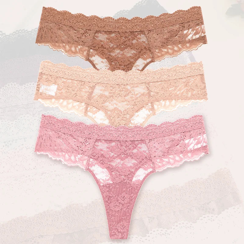 3Pcs Lace Sexy Thongs Women Low-Rise Briefs Sexy Soft Ladies Underwear Trendy Floral Underpants Female Flowery Panty Lingerie