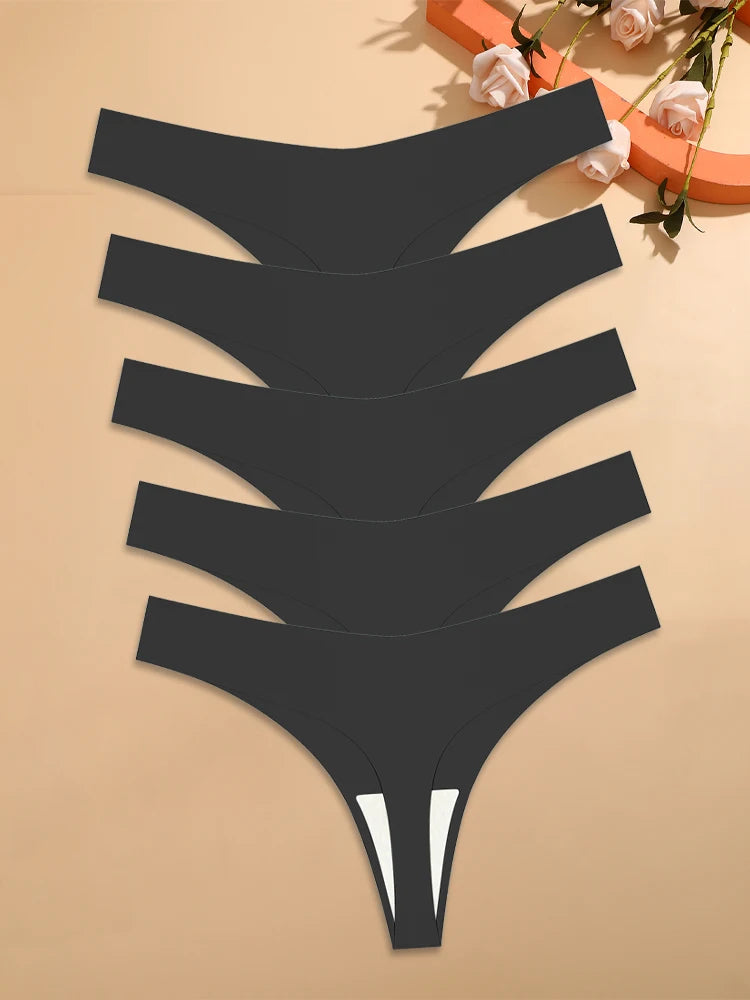 5Pcs Ice Silk Seamless Thongs Women's V-Waist Solid Color Panties Sexy Breathable Low Rise Underwear Invisible Bikini Lingerie