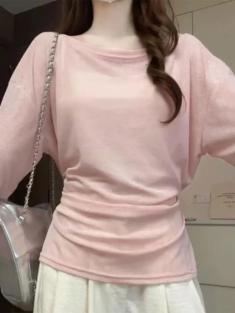 T-shirt oversize transparent à manches longues pour femme, dos nu sexy avec bandage, épaules dénudées, style coréen chic.