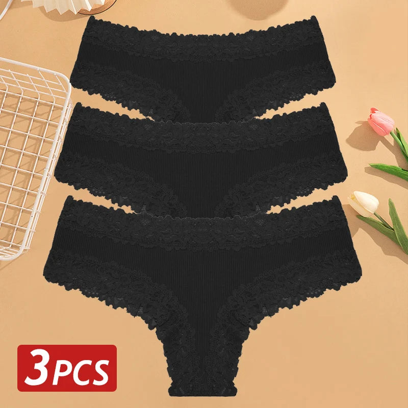 3PCS/Set Women Cotton Panties Floral Lace Brazilian Panties Sexy Low Waist Lingerie Female Soft Underwear Solid T-Back Bikini