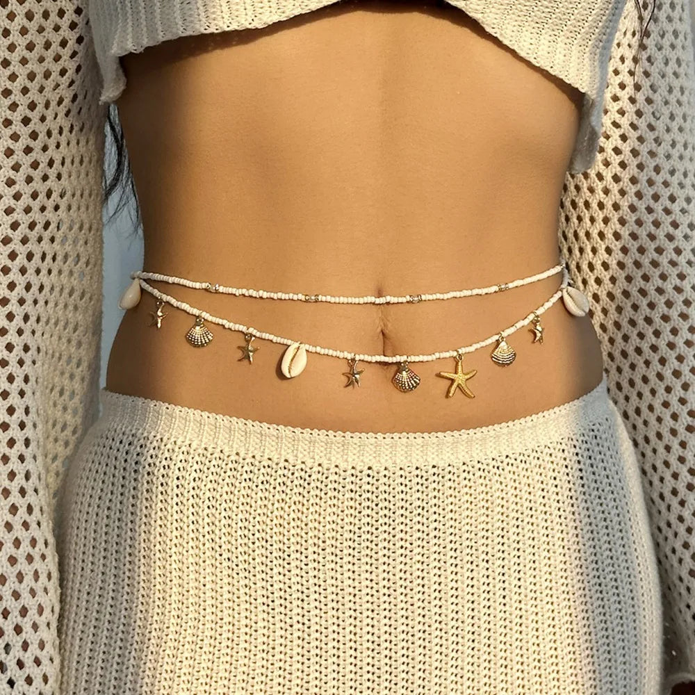 Summer Bohemian Waist Chain Sea Star Imitation Pearl Shell Waist Link Starfish Shell Pendant Beach Bikini Body Chain Vacation