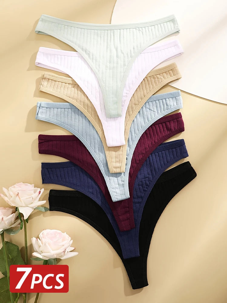 7PCS Women Sexy Cotton G-String Panties Solid Color Ribbed Soft Thongs Female Low Waist Underpants Ladies Sexy Bikini Lingerie
