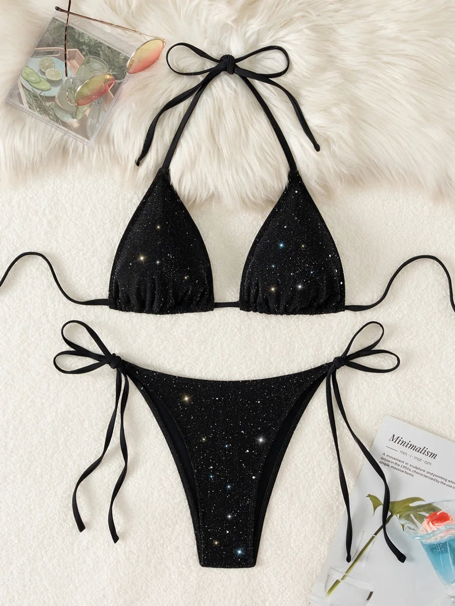 Shiny Sparkling Halter Strappy Bikini 2025 High Cut Bikinis Female Swimsuit Women Swimwear Two-pieces Bikini Set Bathing Suit