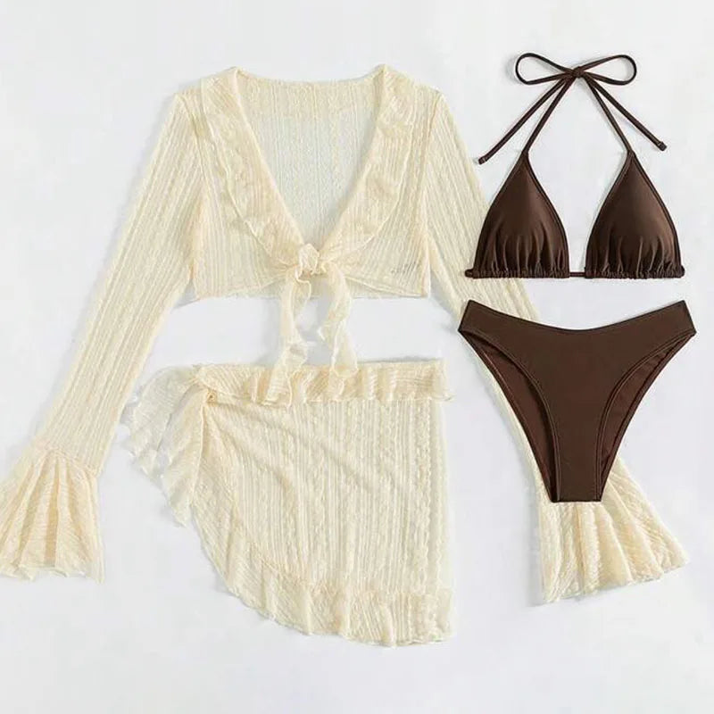 2025 Sexy Four-piece Women Swimsuit Long-sleeve Cover-up Swimwear Summer Solid Bikini Set Brazilian Beachwear Party bathing suit