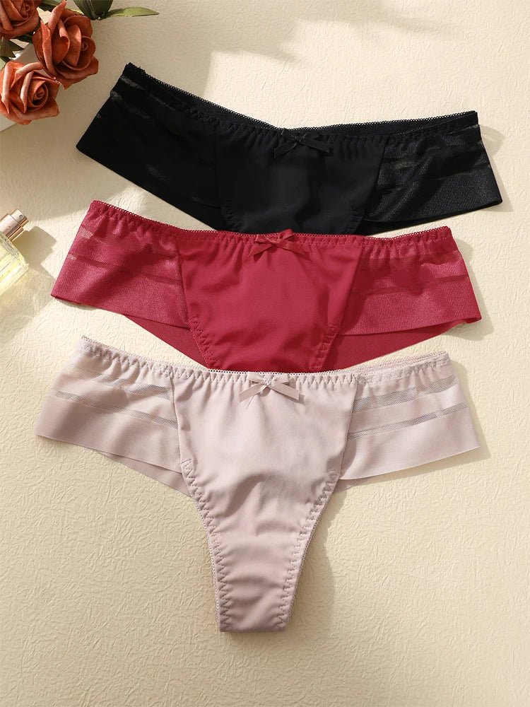 FINETOO 3pcs Women's Lace Hollow Out Underwear Sexy Breathable Low-Waist Thongs Female Comfort Stretchy Lingerie Bikini Panties