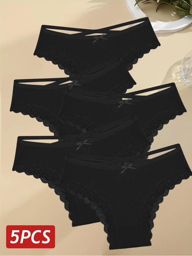 5PCS Women's Cotton Briefs Sexy Lace Underpant Hollow Brazilian Panties Comfortable Underwear Lingerie S-XL Solid Color Lingerie