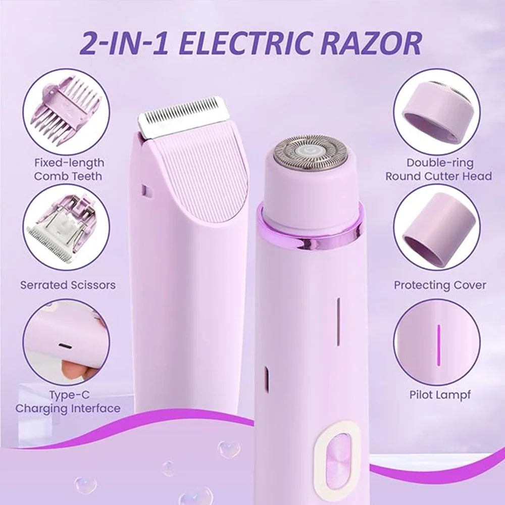 2 in 1 Electric Razors for Women Double Head Shaver for Pubic Hair Trimmer IPX7 Waterproof Wet&Dry Use Bikini Shaver for Body