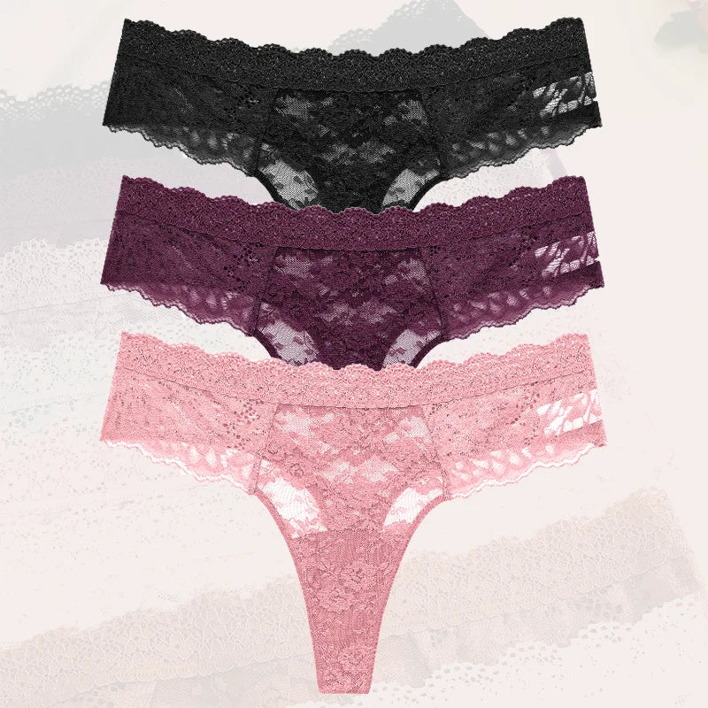 3Pcs Lace Sexy Thongs Women Low-Rise Briefs Sexy Soft Ladies Underwear Trendy Floral Underpants Female Flowery Panty Lingerie