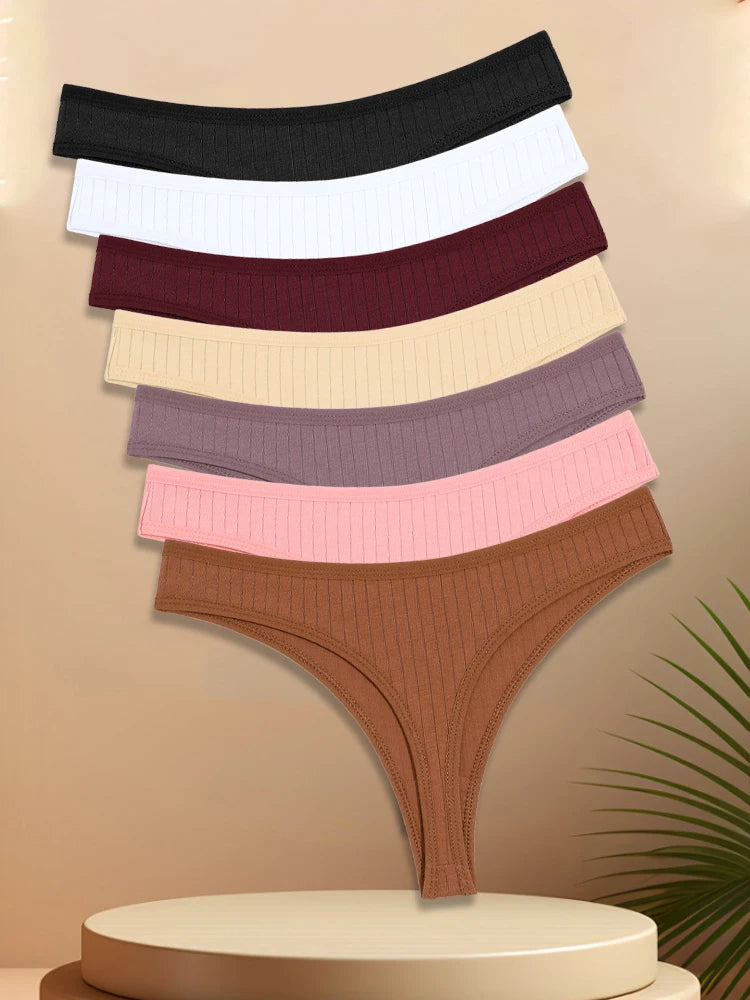 7PCS Women Cotton Striped Thongs Underwear Low Waist G-String Panties Sexy Breathable Solid Color T-Back Casual Bikini Lingerie