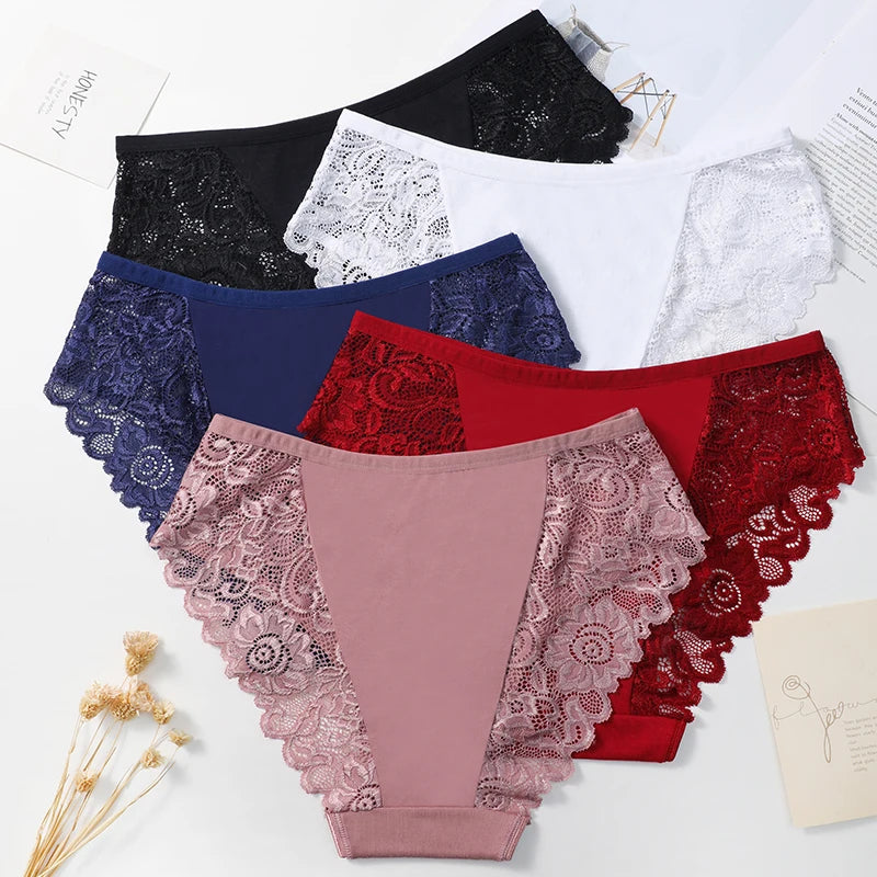5PCS/Set Lace Cotton Patchwork Bikini Panties Women Briefs Solid Color Sexy Floral Hollow Women Briefs Female Underwear Lingerie