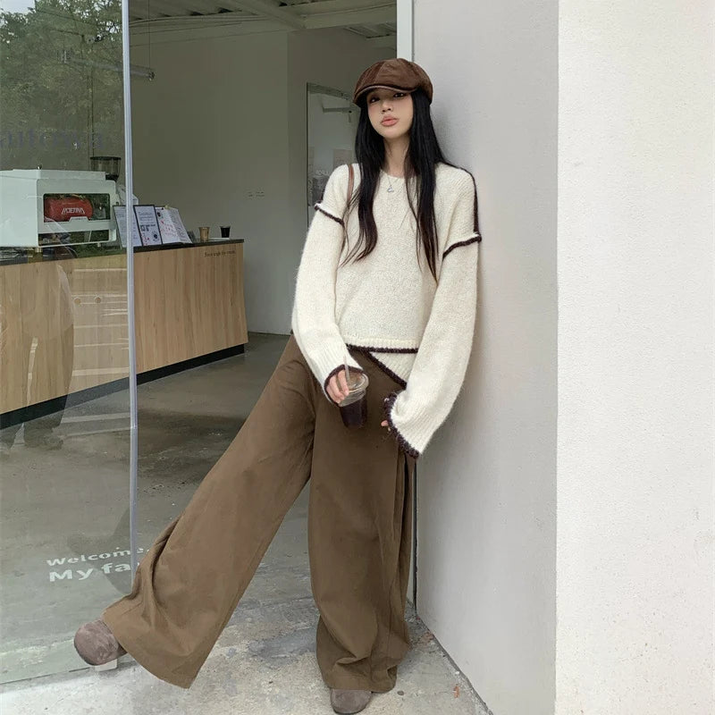Irregular Spliced Pullover Sweater Women Street Contrast Color Loose O-Neck Knitted Sweaters Autumn Stylish Long Sleeve Knitwear