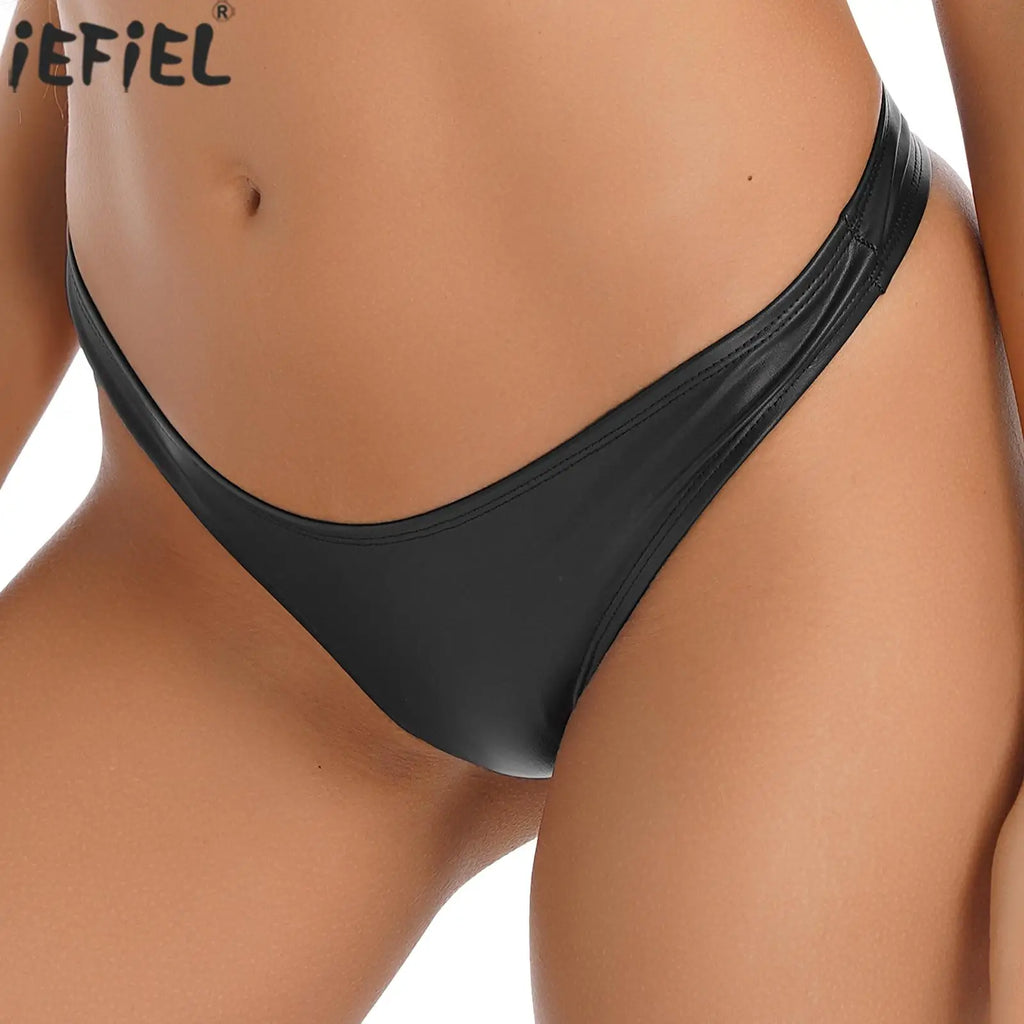 Pu Leather T-back Briefs Womens Low Rise Glossy Bikini Thong Underwear Solid Color Briefs Panties Swimwear Casual Underwear