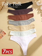 7PCS Women Sexy Cotton G-String Panties Solid Color Ribbed Soft Thongs Female Low Waist Underpants Ladies Sexy Bikini Lingerie