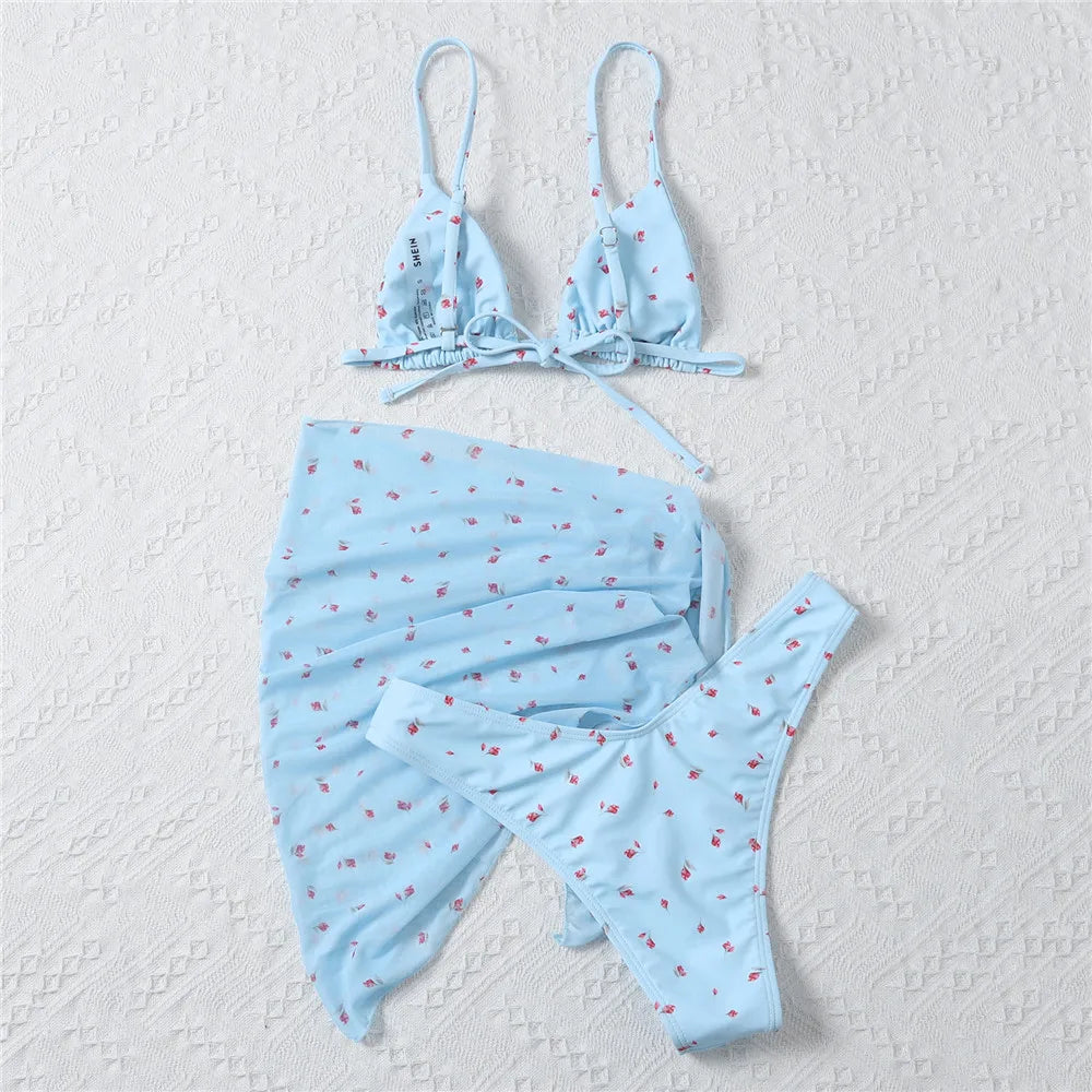 Yellow Floral Print Swimwear Mesh Cove Ups 3 Piece Bikini Set Damen Sexy Swimsuit Women 2026 Beach Wear Bikinis Swimming Wear