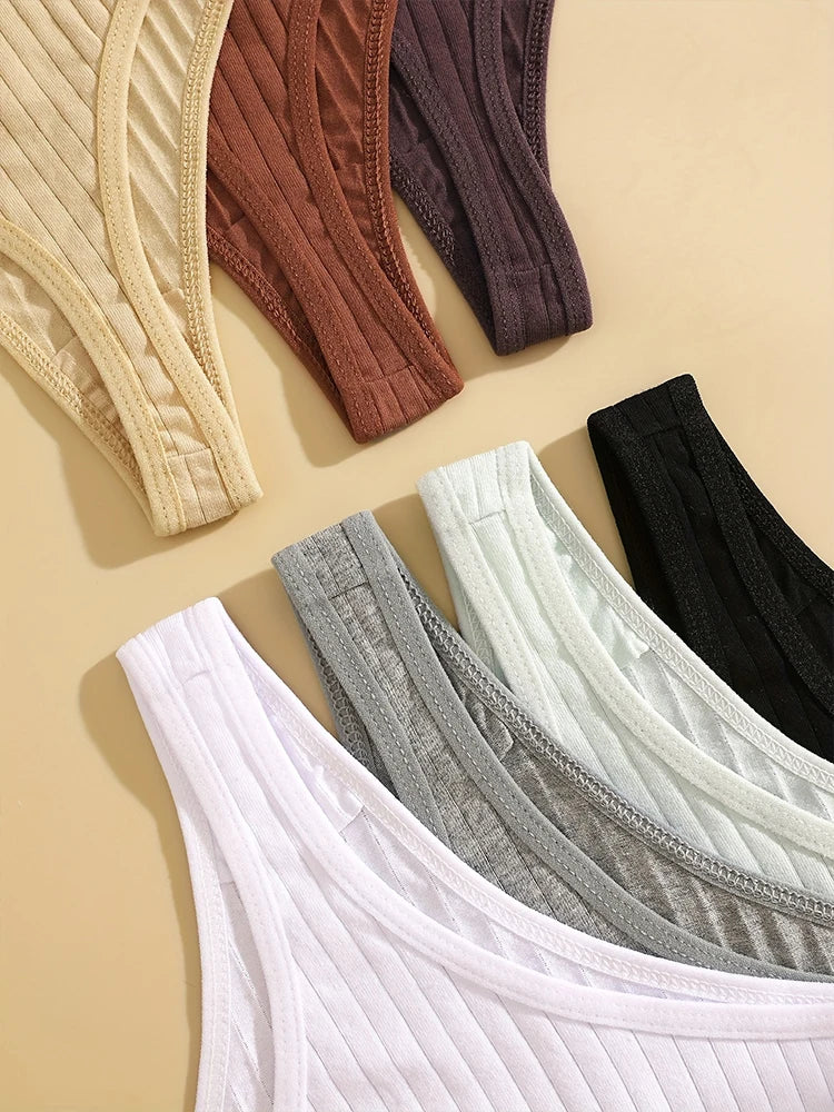 7PCS Women Sexy Cotton G-String Panties Solid Color Ribbed Soft Thongs Female Low Waist Underpants Ladies Sexy Bikini Lingerie