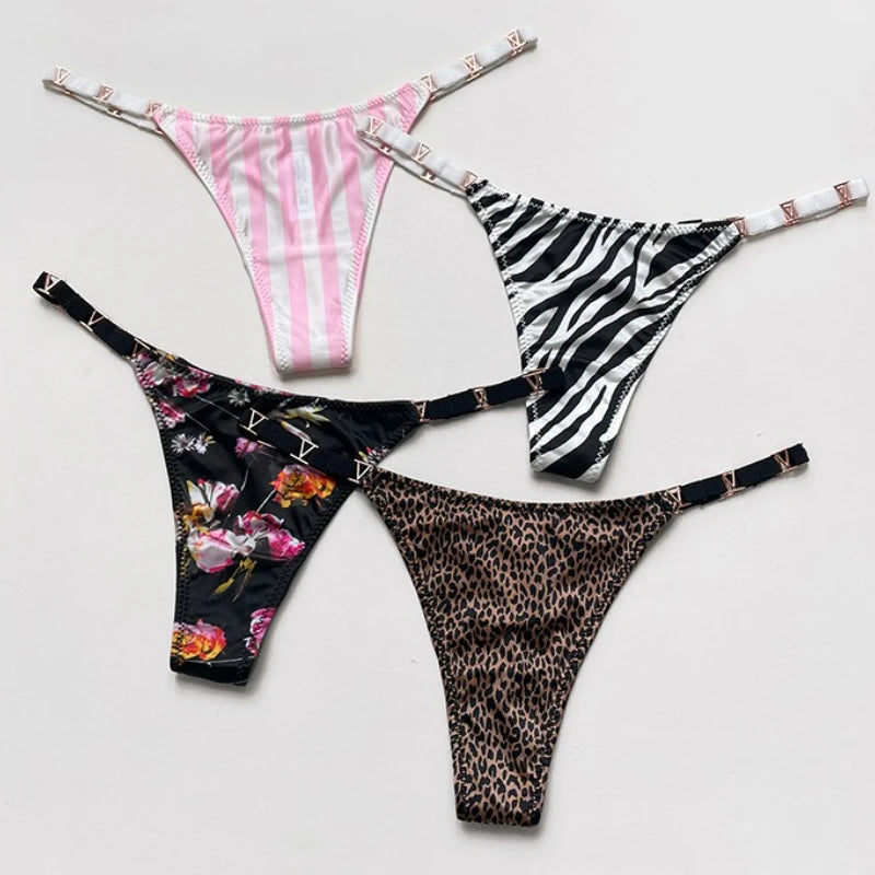 Seamless Sexy Thong Women Underwear Briefs Panties Zebra Flower Low Rise Luxury Metal Buckle G-String Bikini Girls Female Panty